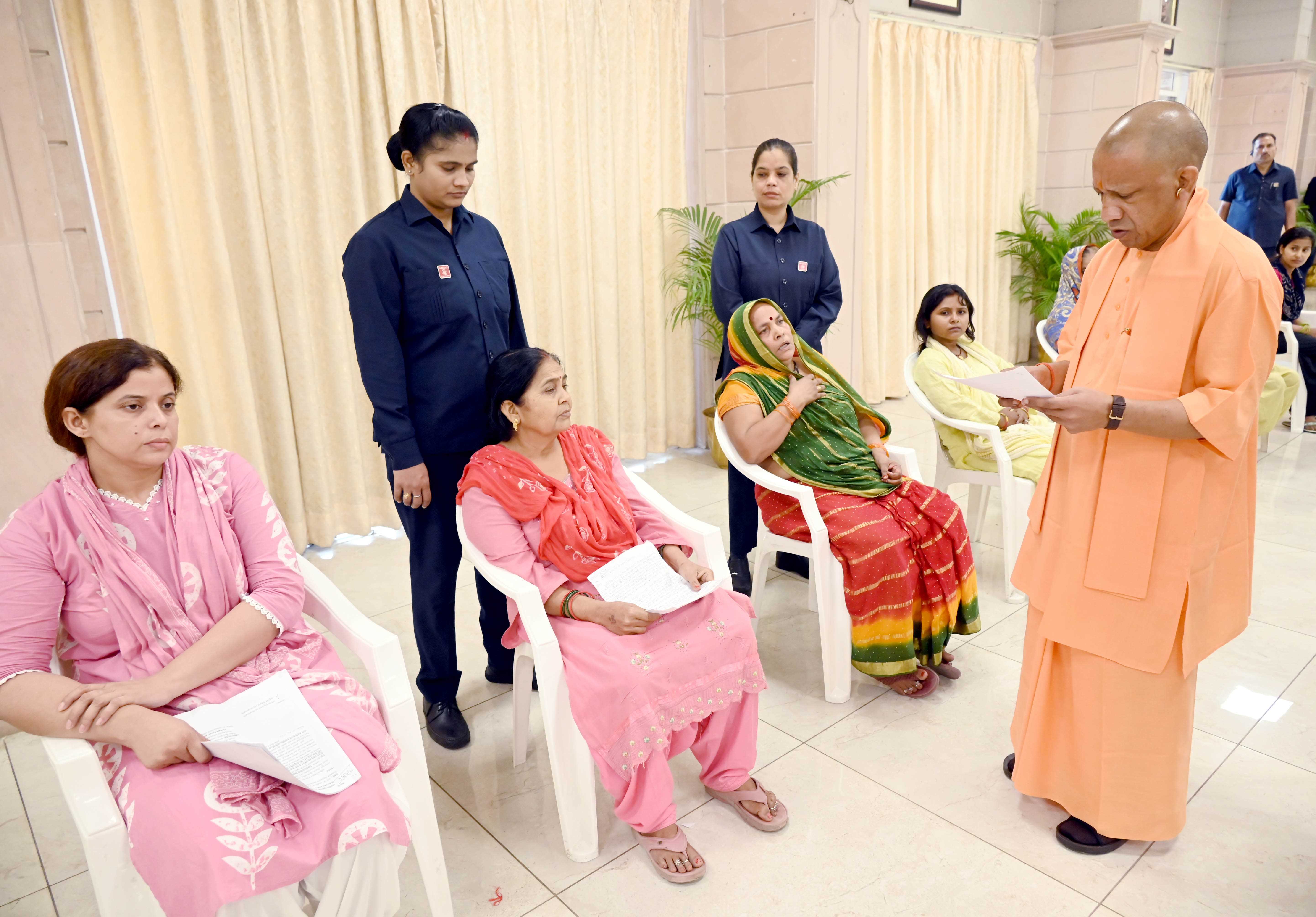 Hon'ble Chief Minister Yogi Adityanath ji listening to the problems of the people in the Janta Darshan organized at his official residence 5-Kalidas Marg, Lucknow on June 29, 2026 and giving instructions to the concerned officials to resolve the public problems on priority basis.